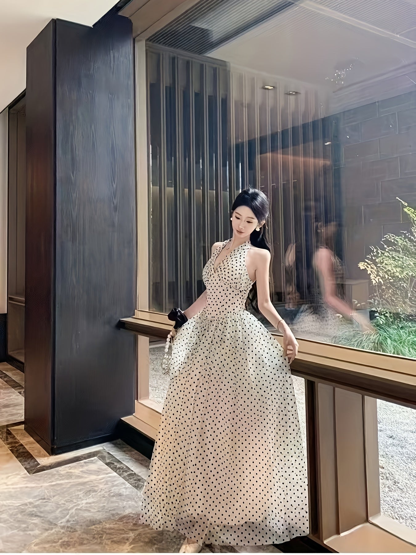 Women's Elegant Polka Dot V-Neck Halter Neck Dress - Backless Ruffled Hem, Fitted Top & Flowy Skirt, Lightweight Polyester, Machine Washable, All-Season Vacation & Formal Wear