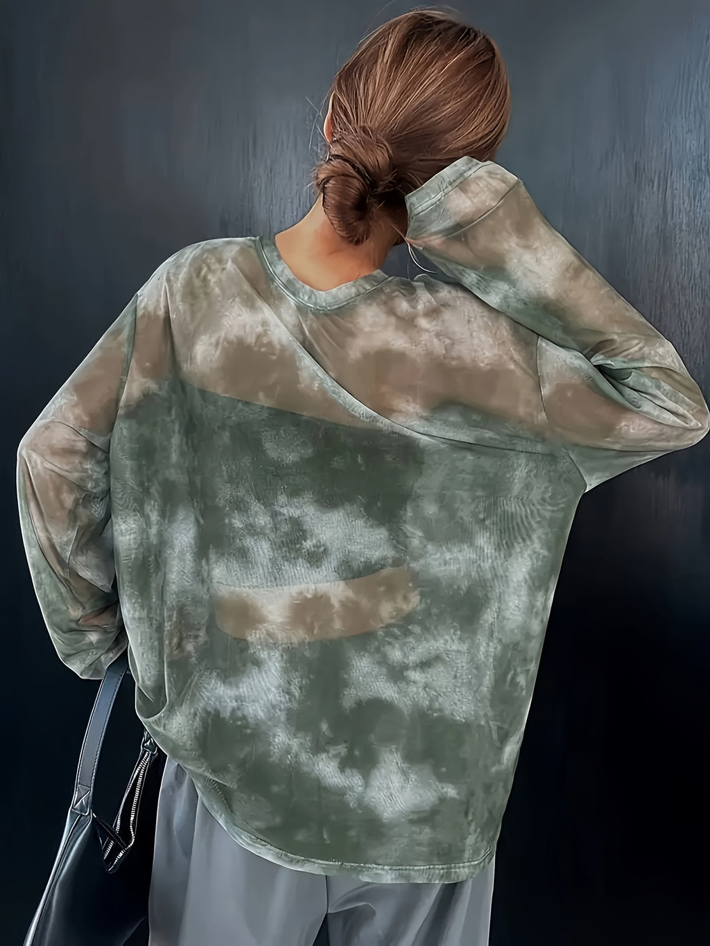 Plus Size Women's Sheer Mesh Long Sleeve T-Shirt - Elegant Tie-Dye Print Loose Fit Round Neck Top, Breathable Stretchy Fabric for All-Season Casual & Formal Wear, Allseason Apparel, Tie Dye Fashion, Semitransparent Material