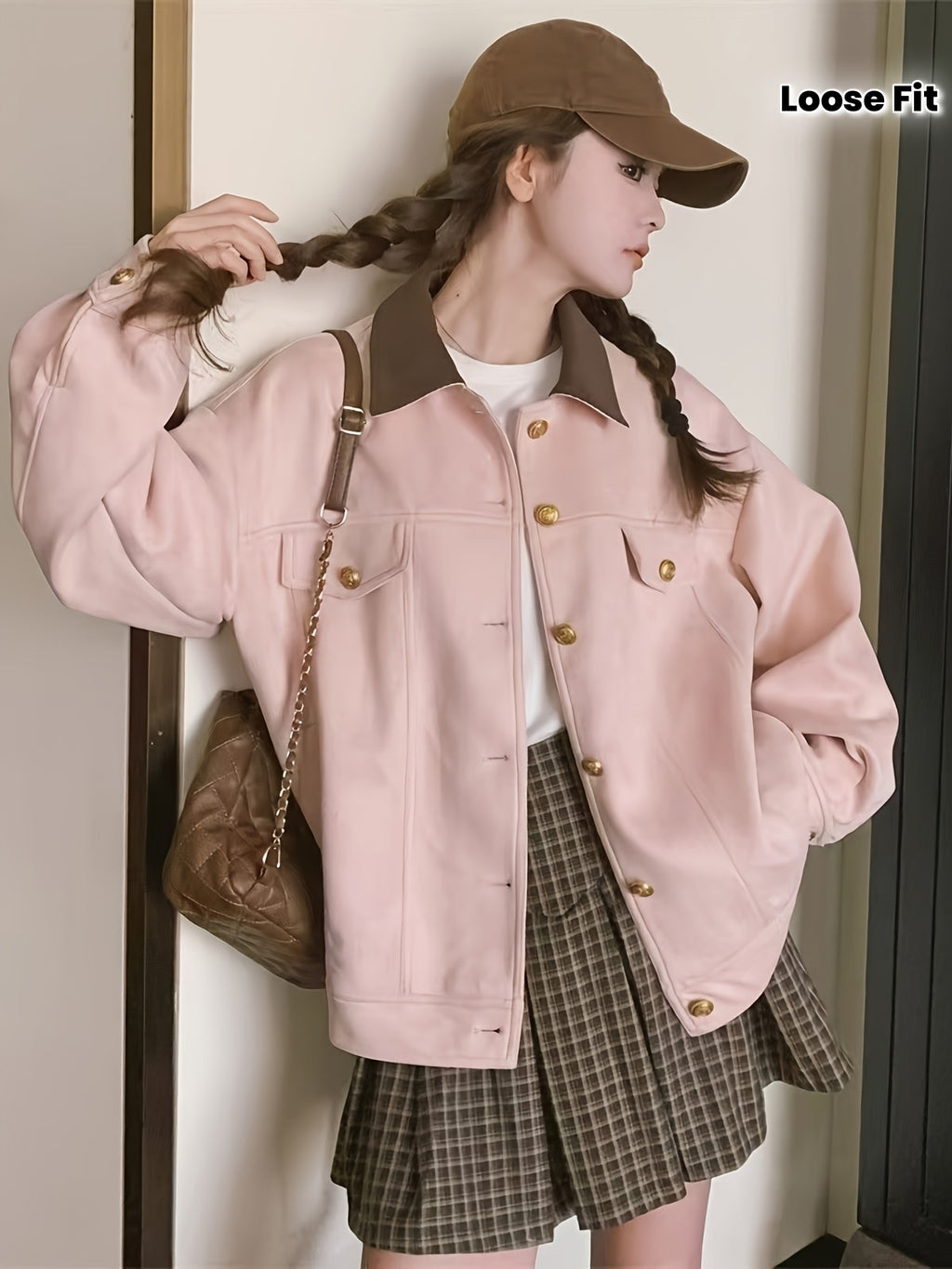 Pink Women's Casual Cargo Jacket - Loose Fit, Button-Up with Collar, Long Sleeve Outerwear for Spring & Fall, Retro Style, Polyester Material, Spring Jacket | Preppy Look | Golden Button Details