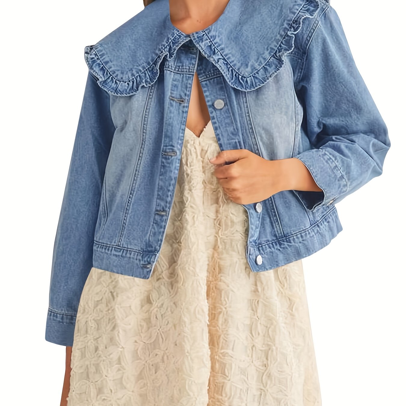 Casual Denim Jacket Denim Women's Casual Loose Fit Jean Jacket with Pockets and Peter Pan Collar