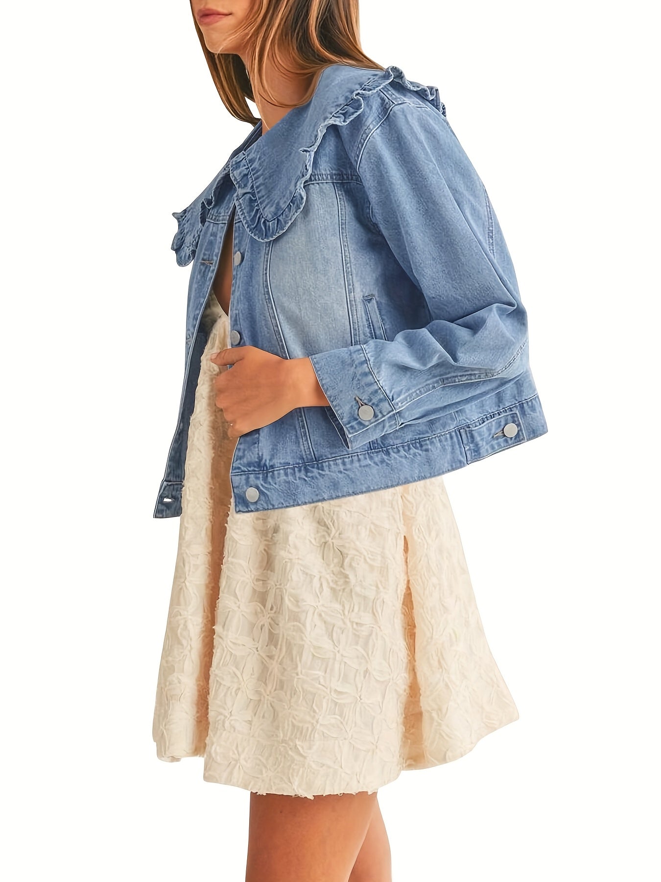Casual Denim Jacket Denim Women's Casual Loose Fit Jean Jacket with Pockets and Peter Pan Collar