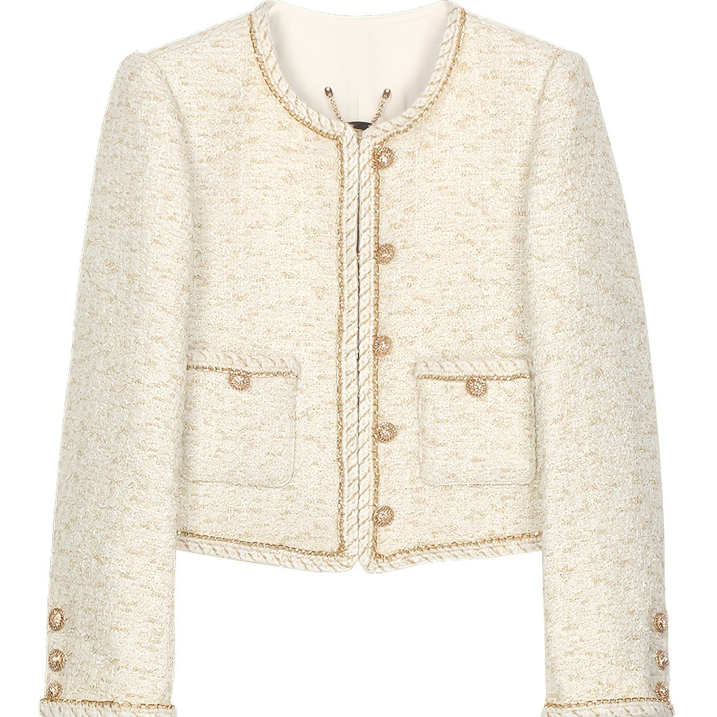 Heavy Industry Three-dimensional Golden Chain Round Neck Jacket Milk White Lady Short Top Fashionable Versatile Jacket 25189