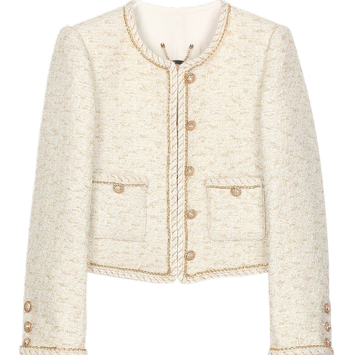 Heavy Industry Three-dimensional Golden Chain Round Neck Jacket Milk White Lady Short Top Fashionable Versatile Jacket 25189