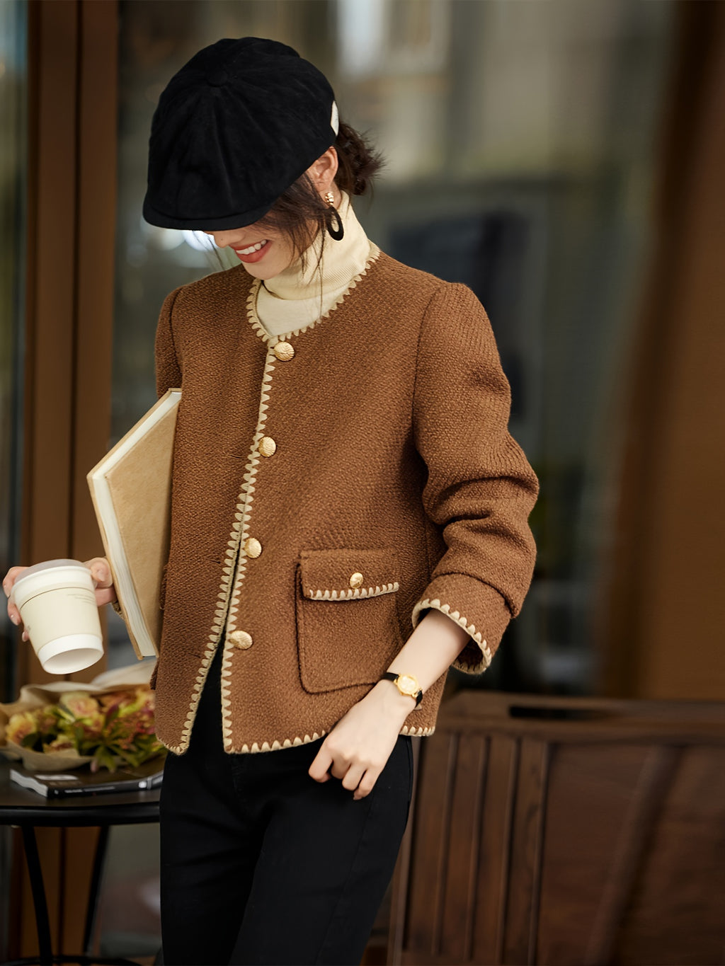 1pc XWI Elegant Polyester Knit Cardigan - Women'S Color Block Long Sleeve Casual Jacket with Contrast Binding, Single Breasted Placket, Non-Stretch Fabric for Fall\u002FWinter Outings