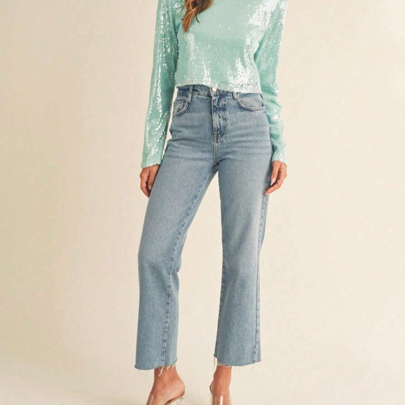 Women's Casual T-Shirt Retro Shoulder Padded Sequin Crop Top Mint Long Sleeve Crew Neck Pullover Perfect For Spring\u002FFall Glamorous Partywear Special Occasions