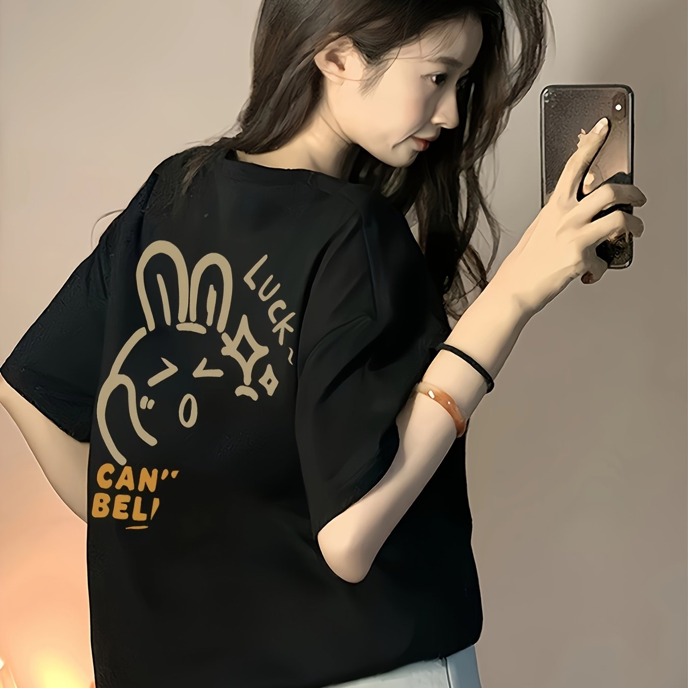 Plus Size, Plus Size Women's Oversized T-Shirt - Cute Cartoon Rabbit & \