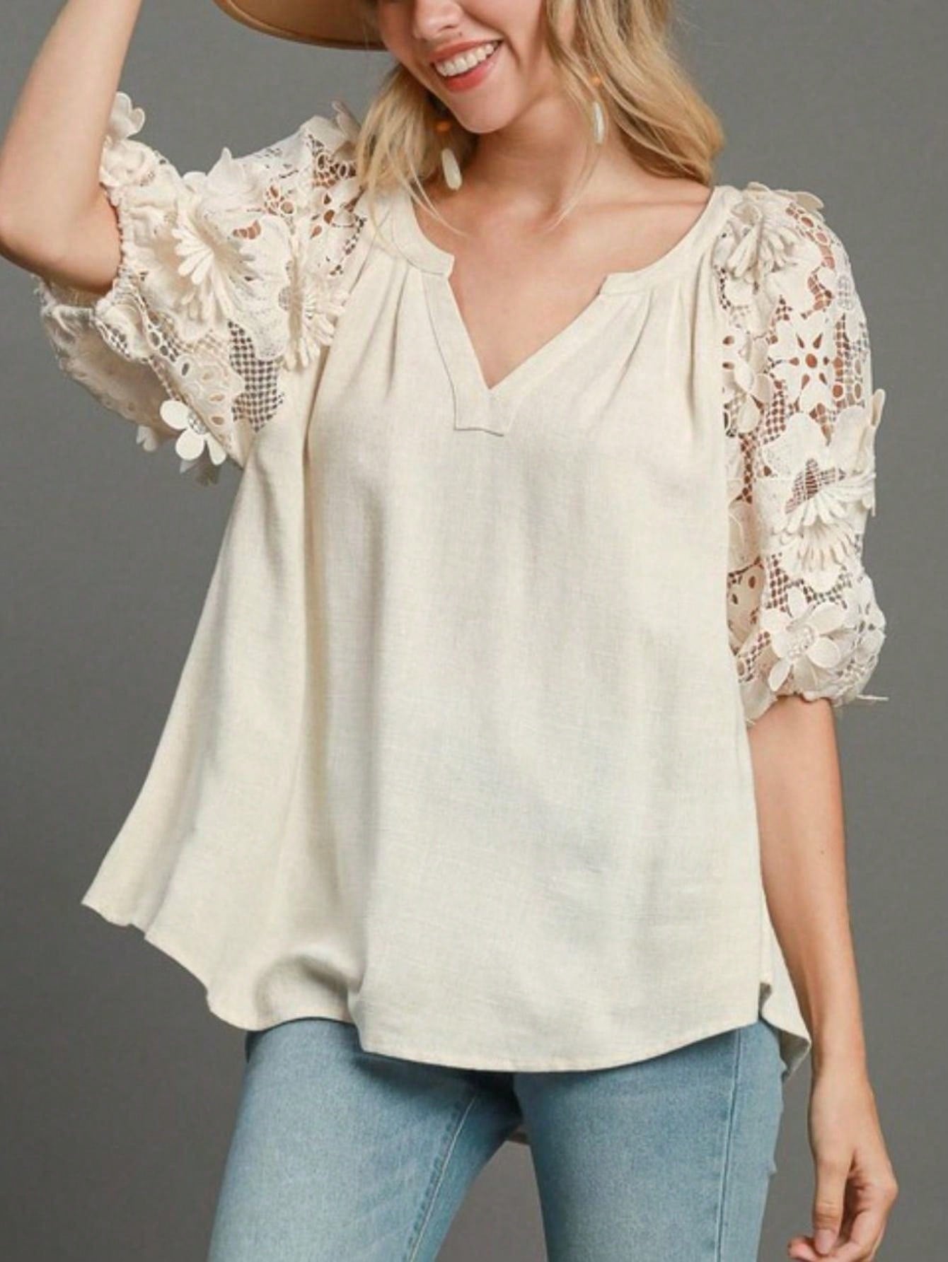 Womens Casual Bohemian Chic Floral Lace Sleeve Peasant Blouse Loose Fit V Neck Top With Delicate Crochet Detail Puff Sleeves Flowing Romantic Spring Summer Date Night Top