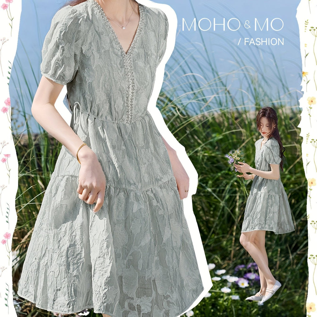 MOHOMO French Chic Short Dress MOHOMO French Chic Spring-Summer Short Dress with Drawstring Tie, Perfect for Holidays and Casual Attire