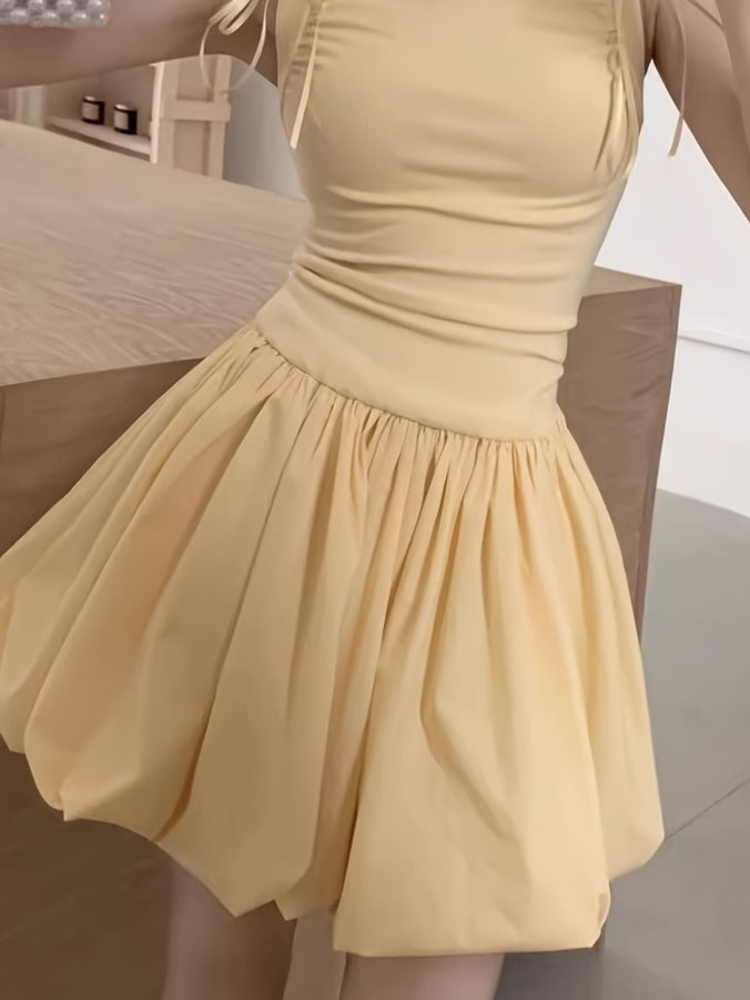 Women's Mustard Yellow Sweet Summer Dress - Off-Shoulder Spaghetti Strap A-Line Flared Skirt with Bow Accents, Lightweight Semi-Sheer Machine Washable Casual to Semi-Formal Outfit, Offshoulder Fashion, Flowy Texture, Delicate Fabric
