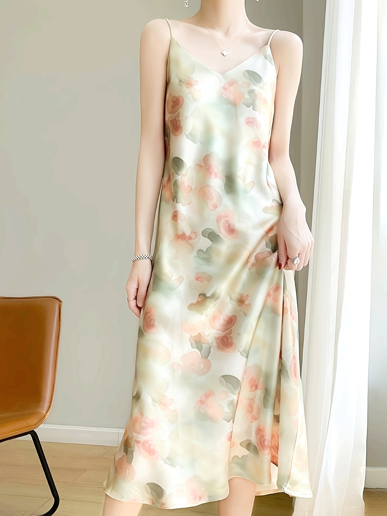 New Summer Style V-Neck Satin Printed Mid-Length Slip Dress for Women, Featuring a Slim Fit And Made of for a Sexy Look.