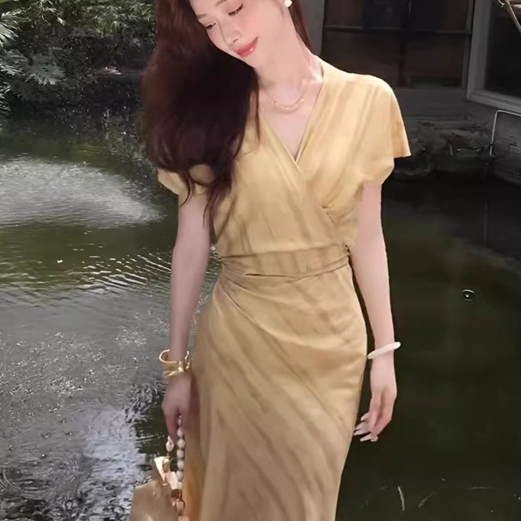 Elegant French-Inspired V-Neck Maxi Dress with Tie-Back Detail - Chic Beige Ruched Waist, Short Sleeves, Perfect for Summer 2025, Casual to Formal Wear, Casual Summer Dress | Tieback Detail Dress | Ruched Waist Design