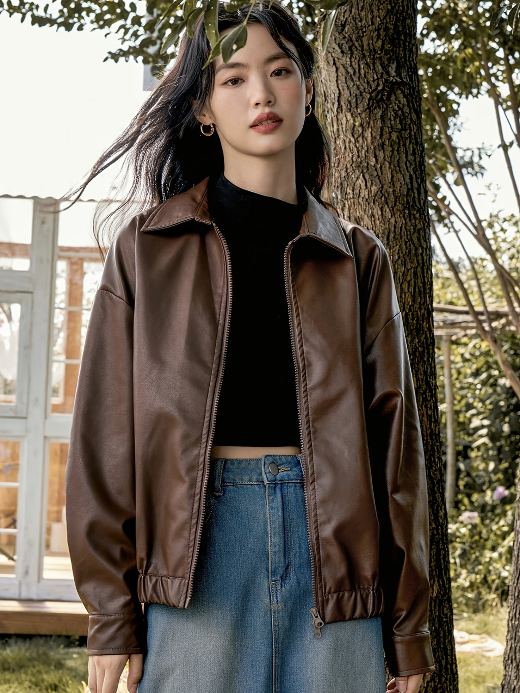 Women's Korean Retro Chic Stand Collar Zip-Up Jacket - Brown Casual Outerwear with Zippered Pockets, Loose Fit for Fall Winter Layering, Hand Wash Only