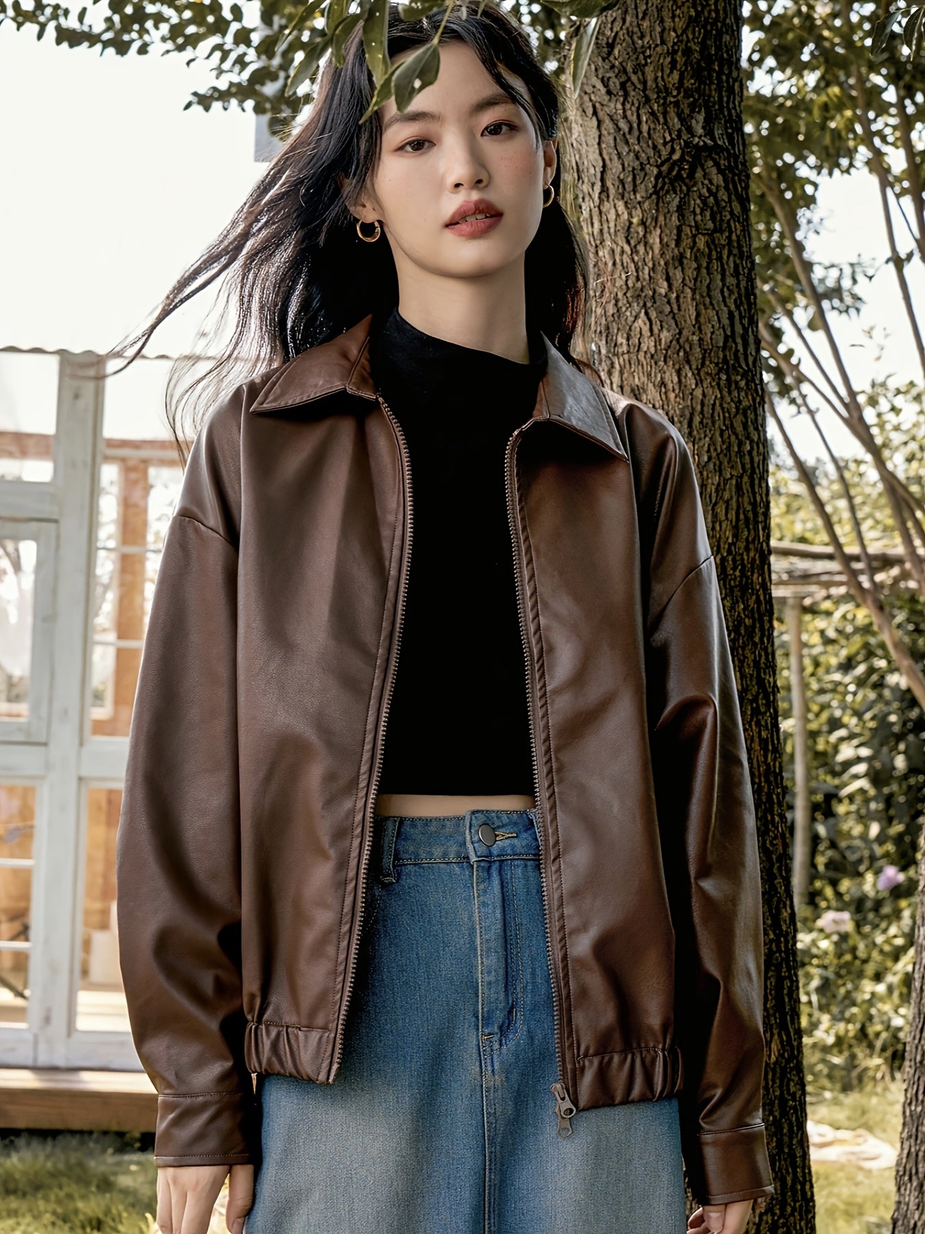 Women's Korean Retro Chic Stand Collar Zip-Up Jacket - Brown Casual Outerwear with Zippered Pockets, Loose Fit for Fall Winter Layering, Hand Wash Only