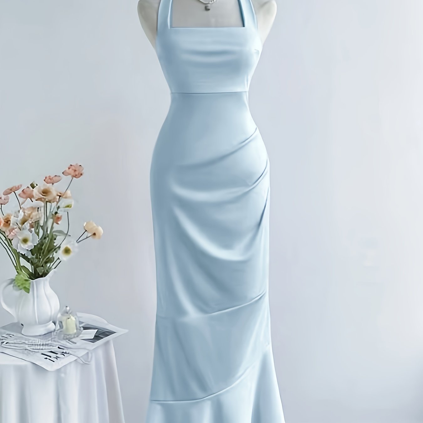 Women's Elegant Halter Neck Mermaid Dress with Ruched Waist & Back Tie Detail - Solid Color Fitted Silhouette, Medium Stretch, Machine Washable for Spring Summer Fall, Cocktail Attire, Stretchy Fabric, Trendy Outfit