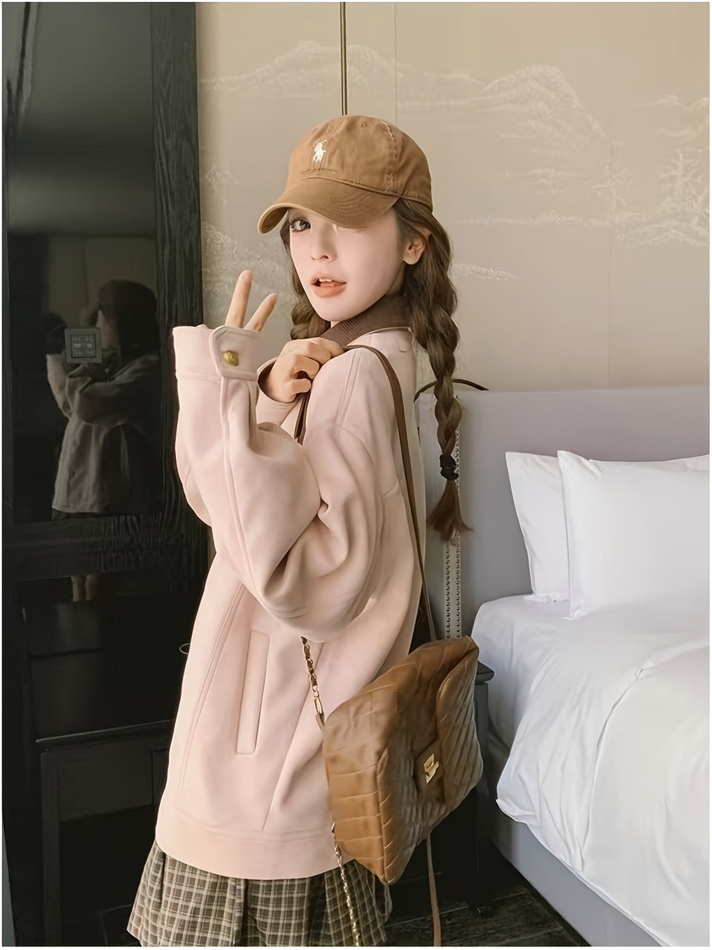 Pink Women's Casual Cargo Jacket - Loose Fit, Button-Up with Collar, Long Sleeve Outerwear for Spring & Fall, Retro Style, Polyester Material, Spring Jacket | Preppy Look | Golden Button Details