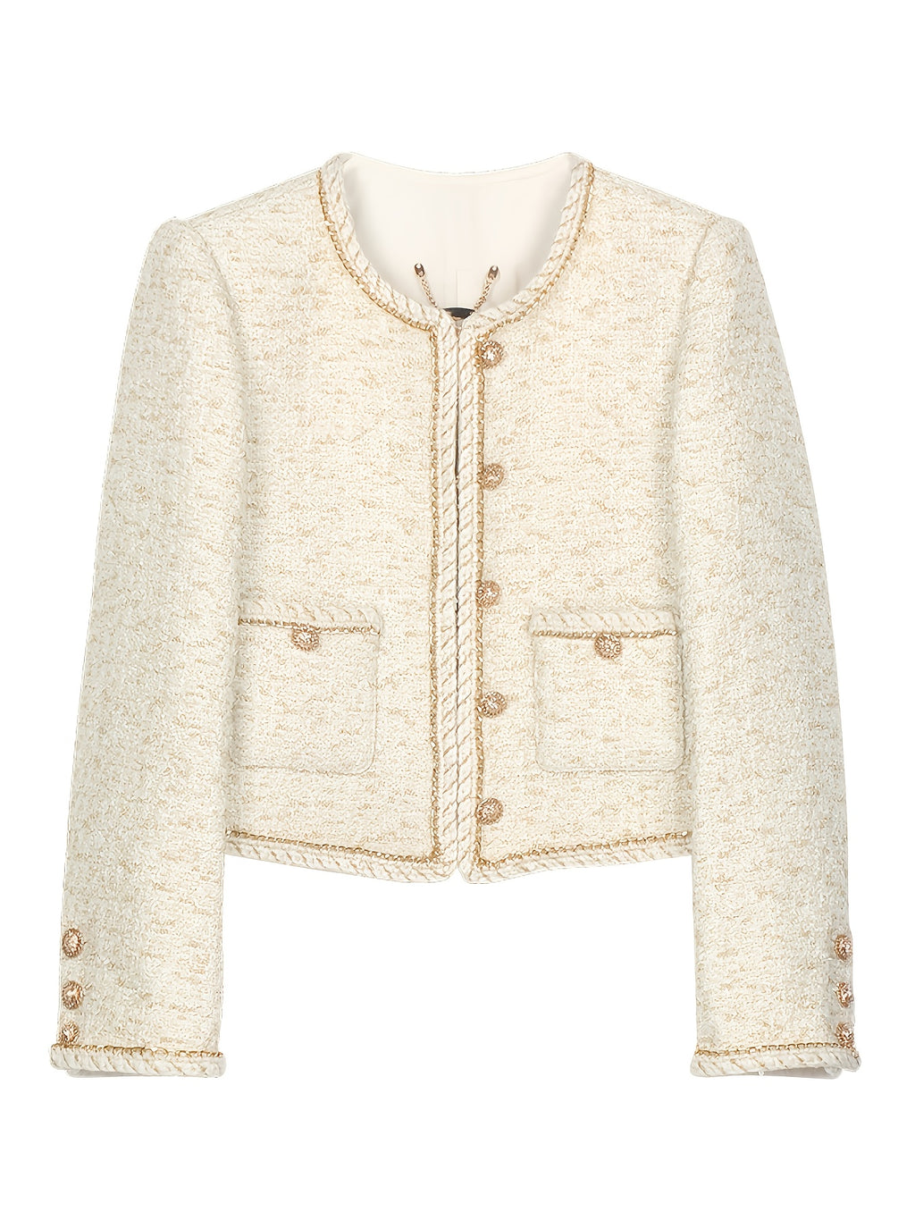 Heavy Industry Three-dimensional Golden Chain Round Neck Jacket Milk White Lady Short Top Fashionable Versatile Jacket 25189