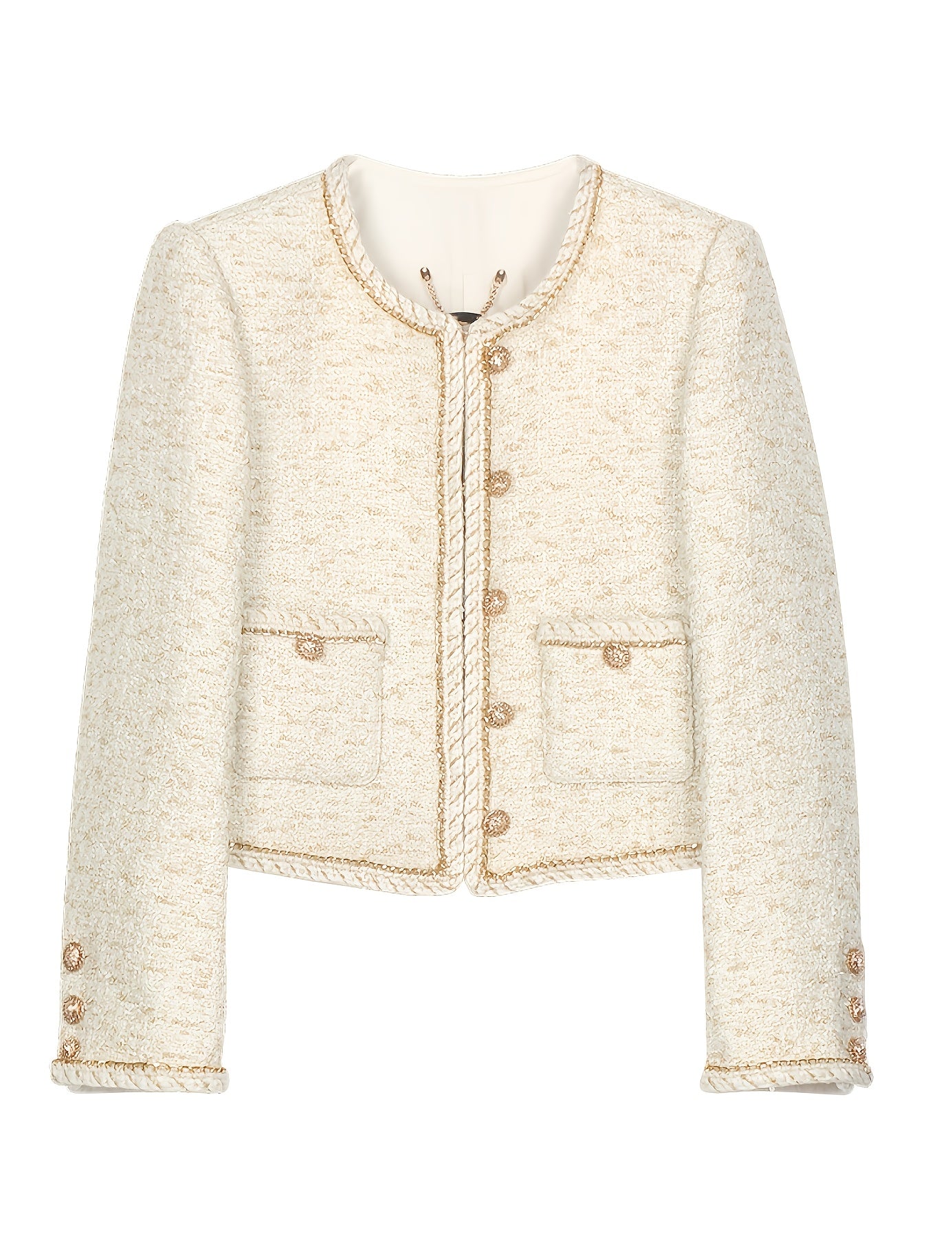 Heavy Industry Three-dimensional Golden Chain Round Neck Jacket Milk White Lady Short Top Fashionable Versatile Jacket 25189