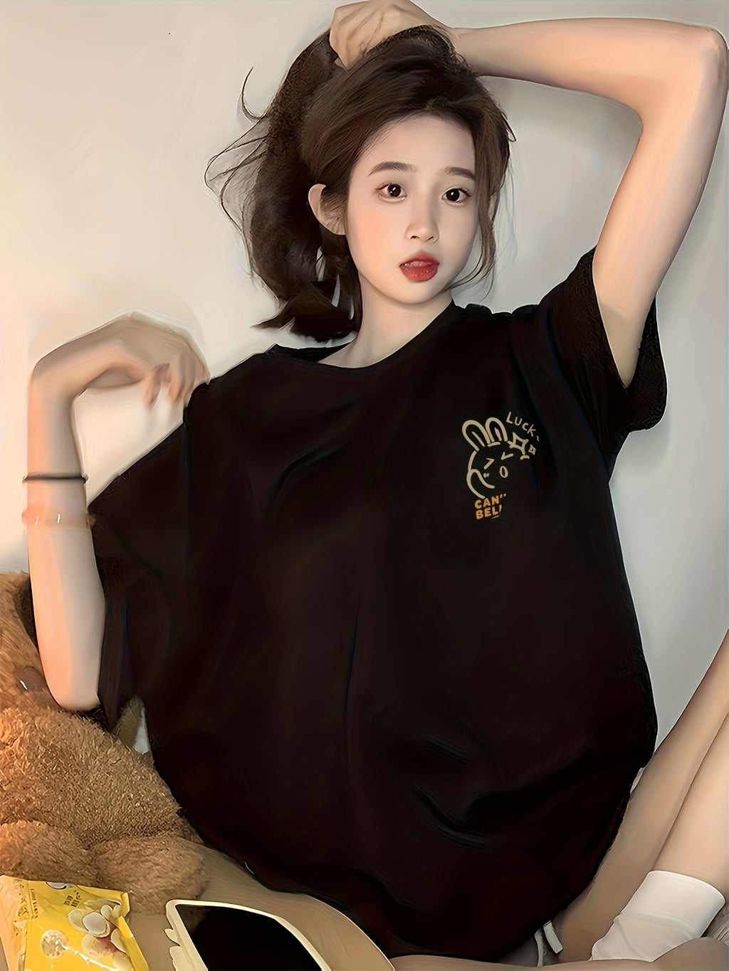 Plus Size, Plus Size Women's Oversized T-Shirt - Cute Cartoon Rabbit & \