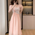 Elegant Floral Dress Elegant Floral Women's Party Dress | Pastel Pink Floral Print, Flared Mid-Length Formal & Casual Outfit for Bridesmaids, Garden Parties, Wedding Guest - Chic Ruffled Sleeves Dress