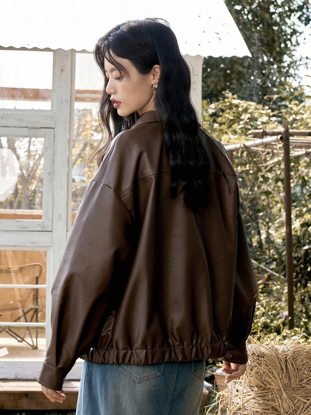 Women's Korean Retro Chic Stand Collar Zip-Up Jacket - Brown Casual Outerwear with Zippered Pockets, Loose Fit for Fall Winter Layering, Hand Wash Only