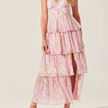 Women'S Floral Dress Stylish Multi-Layered Ruffles Split Cap Sleeve Long A-Line Dress for Spring Summer