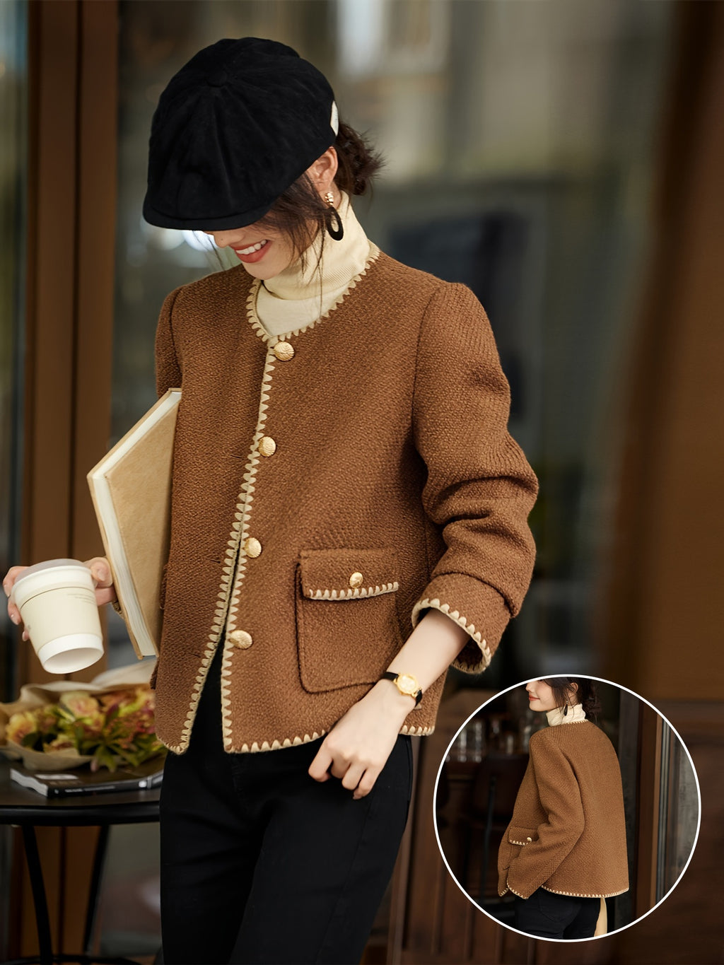 1pc XWI Elegant Polyester Knit Cardigan - Women'S Color Block Long Sleeve Casual Jacket with Contrast Binding, Single Breasted Placket, Non-Stretch Fabric for Fall\u002FWinter Outings