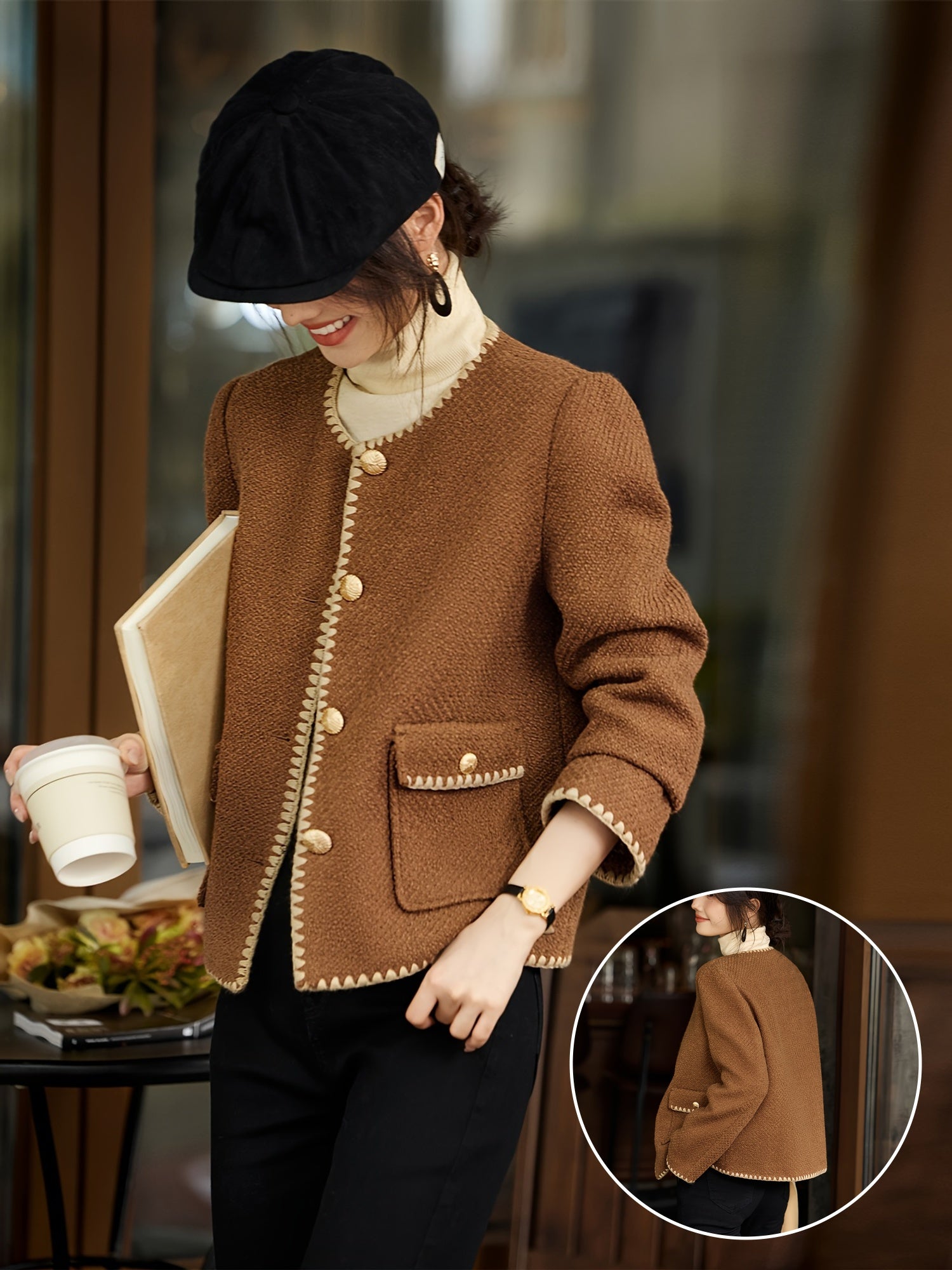 1pc XWI Elegant Polyester Knit Cardigan - Women'S Color Block Long Sleeve Casual Jacket with Contrast Binding, Single Breasted Placket, Non-Stretch Fabric for Fall\u002FWinter Outings