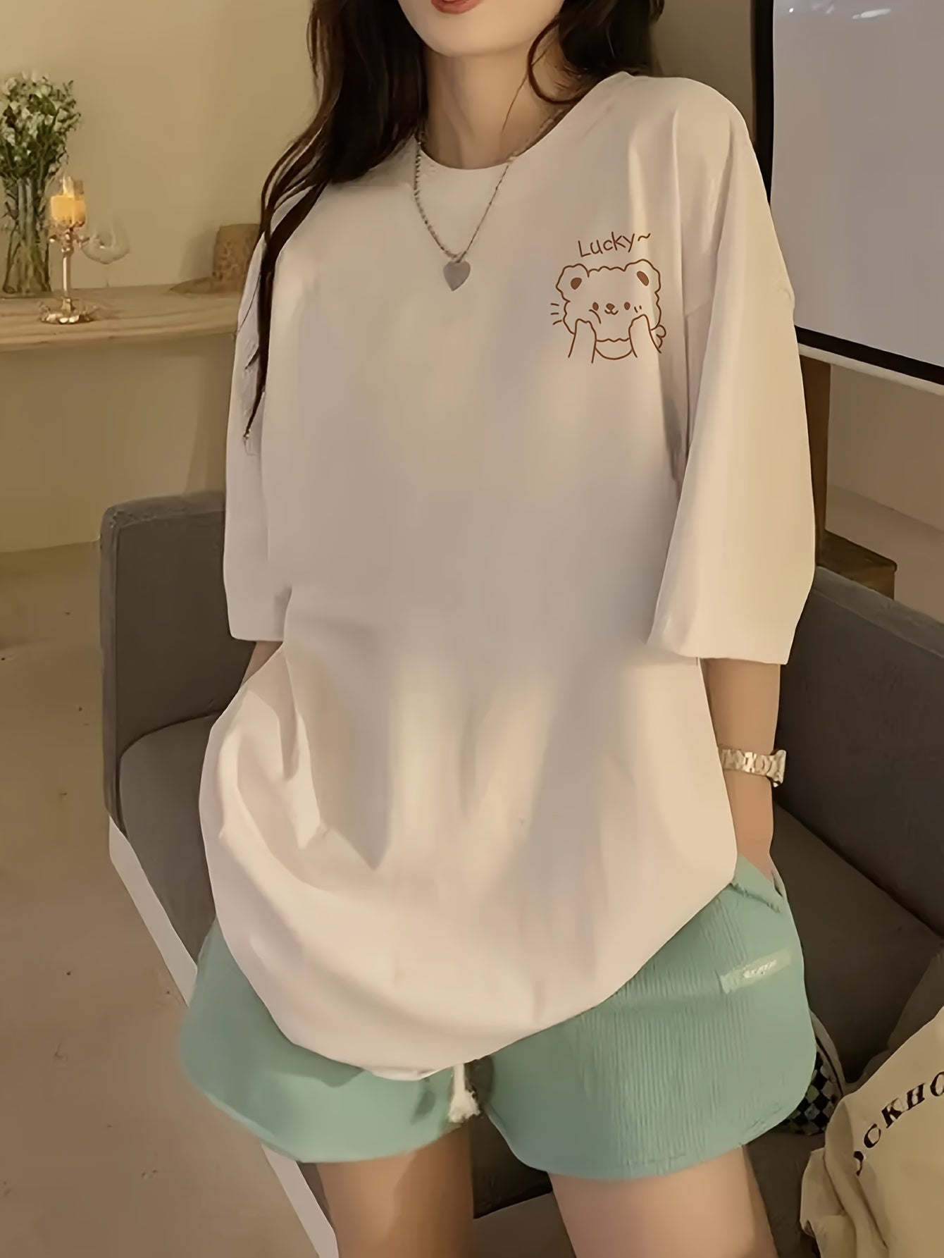 Women'S Plus Size Short Sleeve T-Shirt - Cute Bear Design, Loose Fit, Solid Color, Casual Top for Spring\u002FSummer, Fall, Casual Attire|Playful Print|Loose Fit To