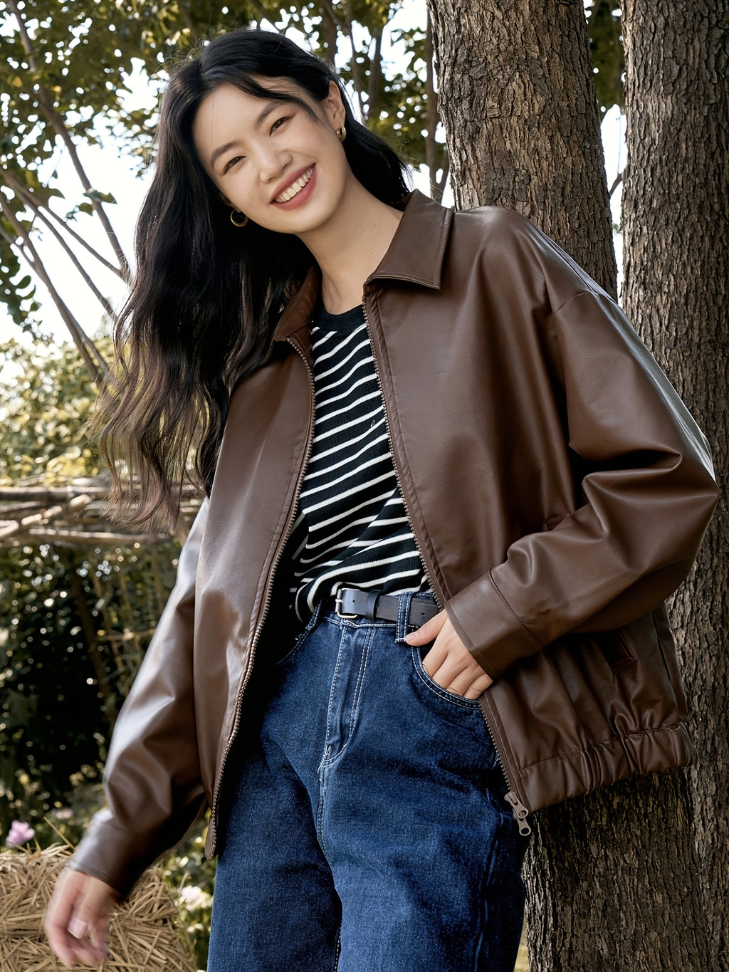 Women's Korean Retro Chic Stand Collar Zip-Up Jacket - Brown Casual Outerwear with Zippered Pockets, Loose Fit for Fall Winter Layering, Hand Wash Only