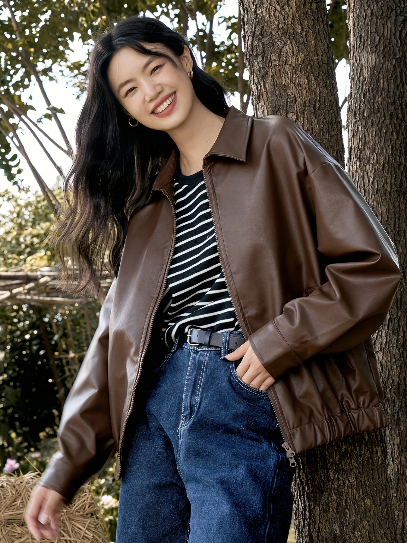 Women's Korean Retro Chic Stand Collar Zip-Up Jacket - Brown Casual Outerwear with Zippered Pockets, Loose Fit for Fall Winter Layering, Hand Wash Only