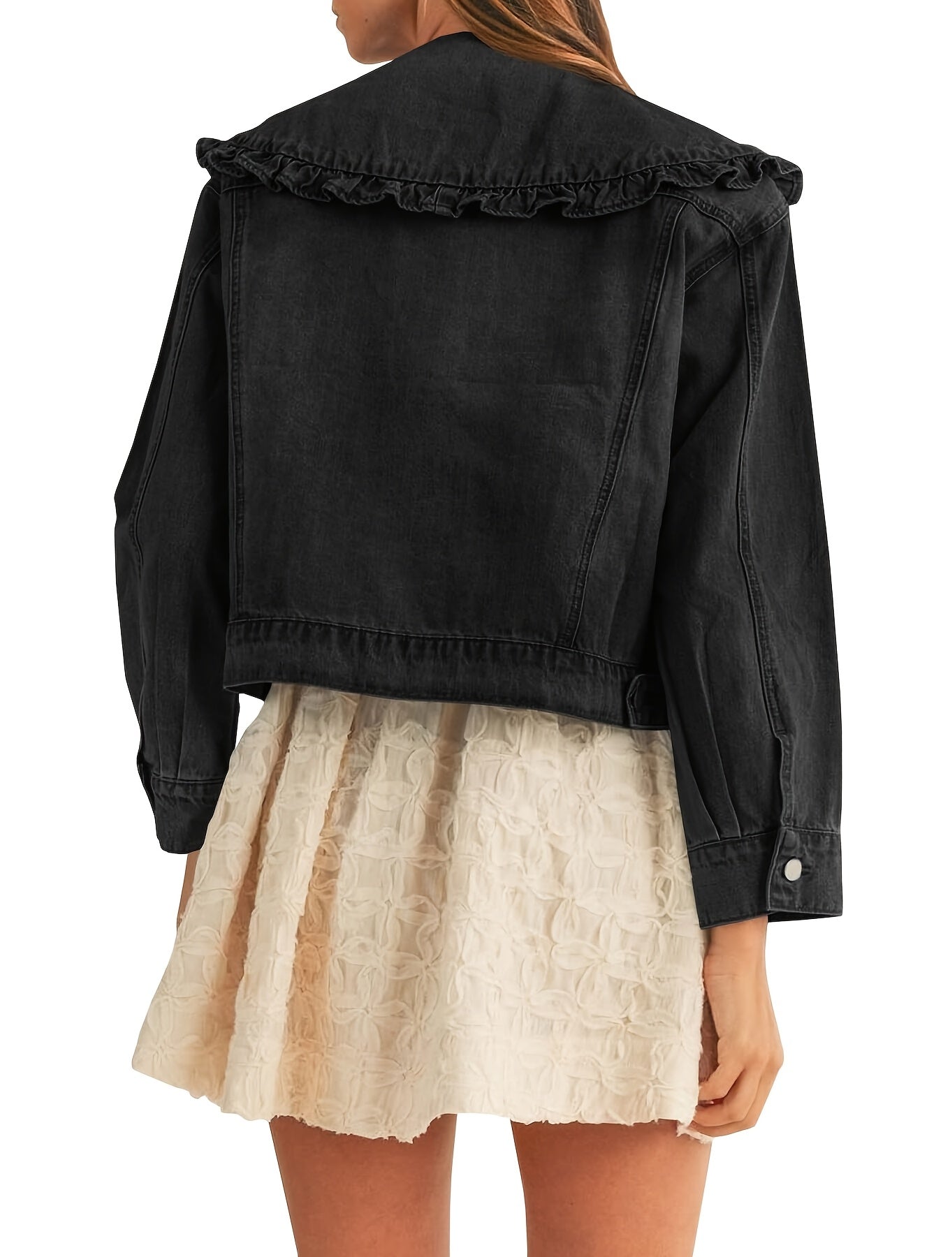 Casual Denim Jacket Denim Women's Casual Loose Fit Jean Jacket with Pockets and Peter Pan Collar