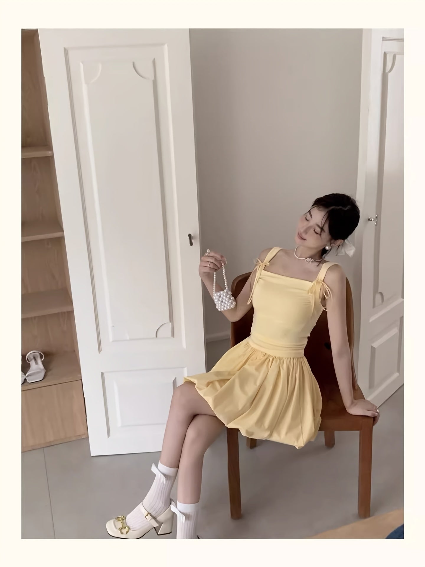 Women's Mustard Yellow Sweet Summer Dress - Off-Shoulder Spaghetti Strap A-Line Flared Skirt with Bow Accents, Lightweight Semi-Sheer Machine Washable Casual to Semi-Formal Outfit, Offshoulder Fashion, Flowy Texture, Delicate Fabric