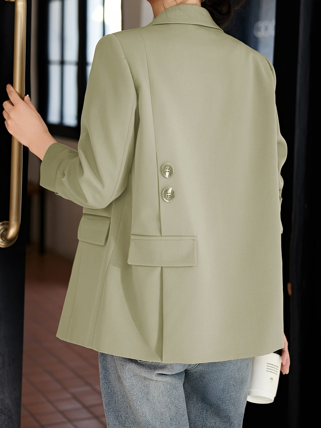 XWI Women's Olive Green Blazer Jacket - Classic H-Silhouette Single-Button Closure, Structured Machine-Washable Fabric for Spring\u002FAutumn, Elegant Office & Casual Outerwear, Minimalist Design, Smooth Texture, Sophisticated Tailoring