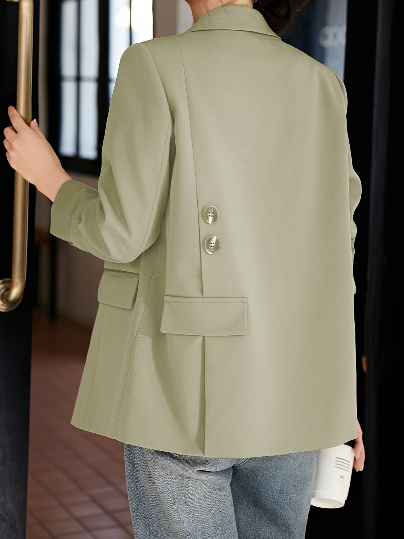 XWI Women's Olive Green Blazer Jacket - Classic H-Silhouette Single-Button Closure, Structured Machine-Washable Fabric for Spring\u002FAutumn, Elegant Office & Casual Outerwear, Minimalist Design, Smooth Texture, Sophisticated Tailoring