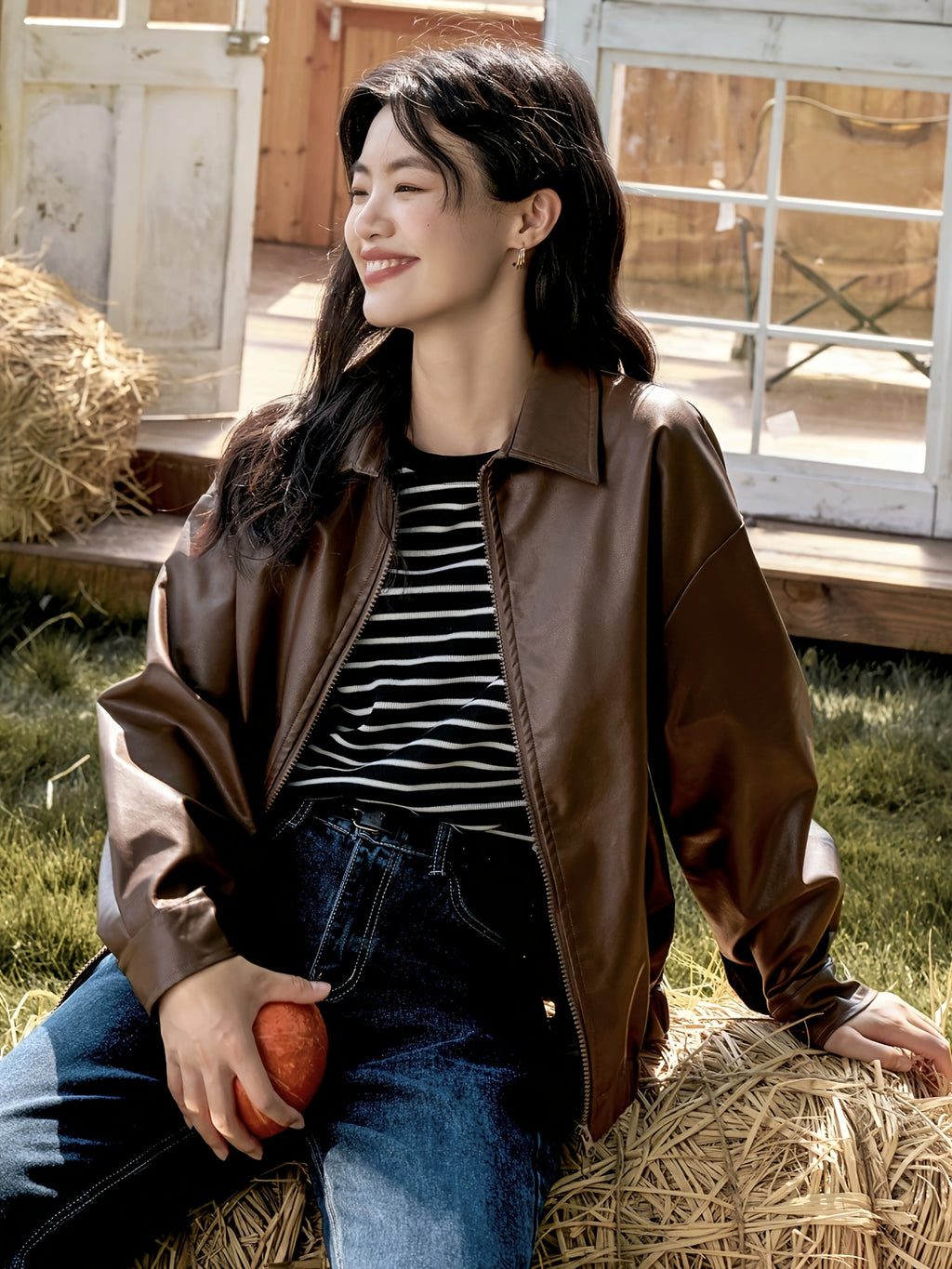 Women's Korean Retro Chic Stand Collar Zip-Up Jacket - Brown Casual Outerwear with Zippered Pockets, Loose Fit for Fall Winter Layering, Hand Wash Only