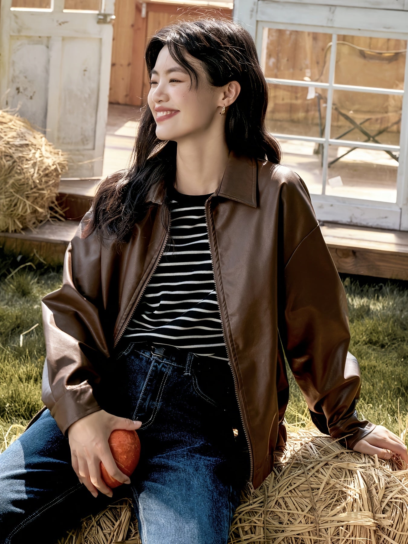 Women's Korean Retro Chic Stand Collar Zip-Up Jacket - Brown Casual Outerwear with Zippered Pockets, Loose Fit for Fall Winter Layering, Hand Wash Only