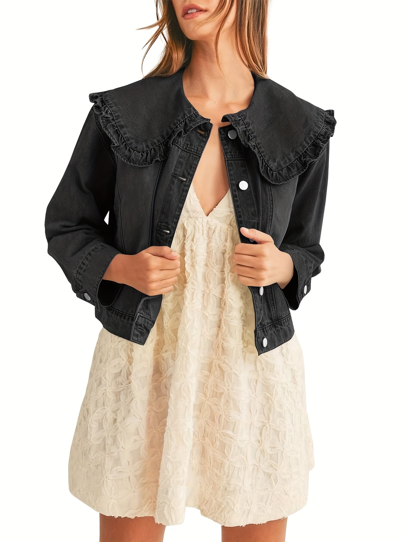 Casual Denim Jacket Denim Women's Casual Loose Fit Jean Jacket with Pockets and Peter Pan Collar