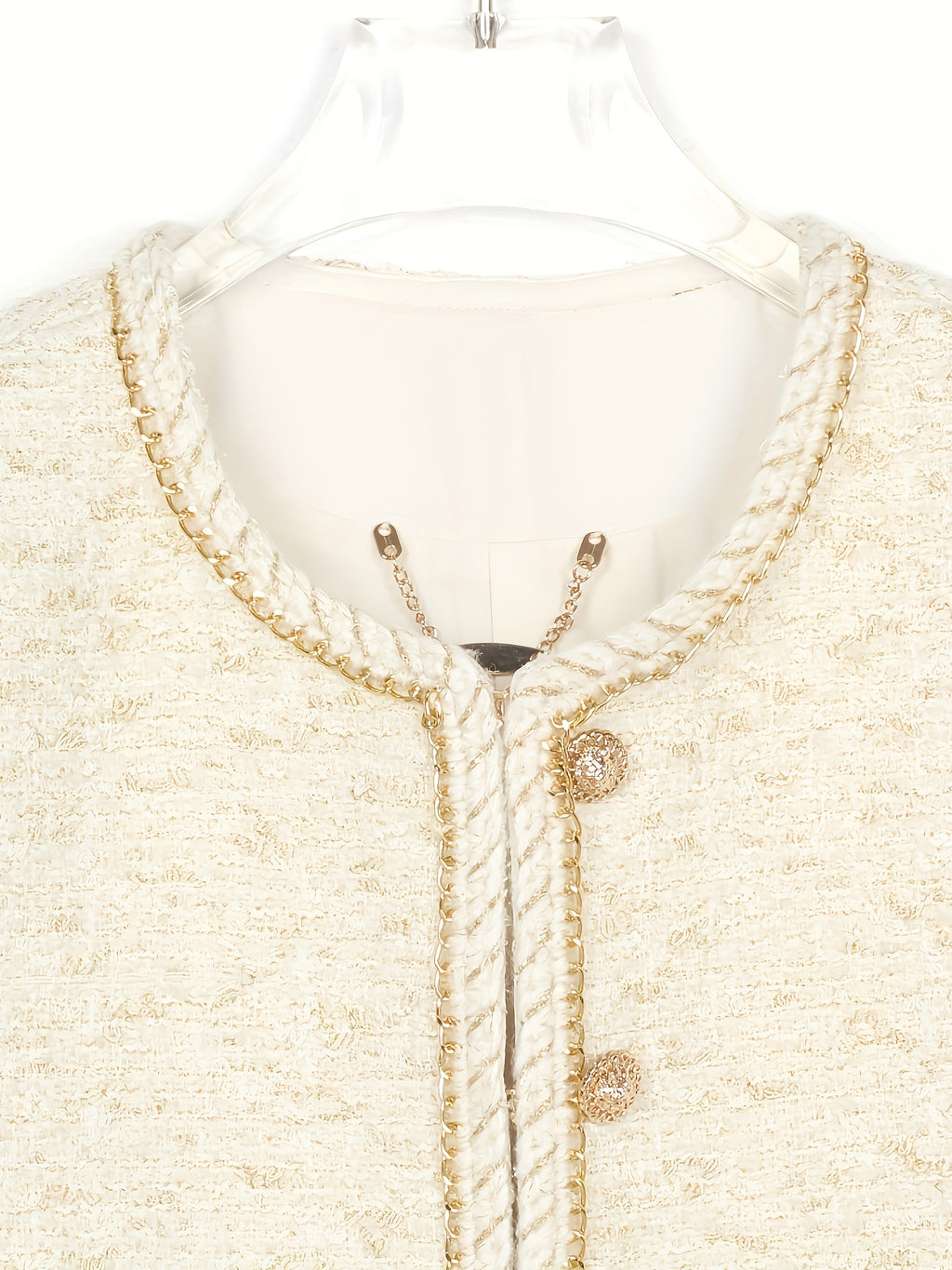 Heavy Industry Three-dimensional Golden Chain Round Neck Jacket Milk White Lady Short Top Fashionable Versatile Jacket 25189