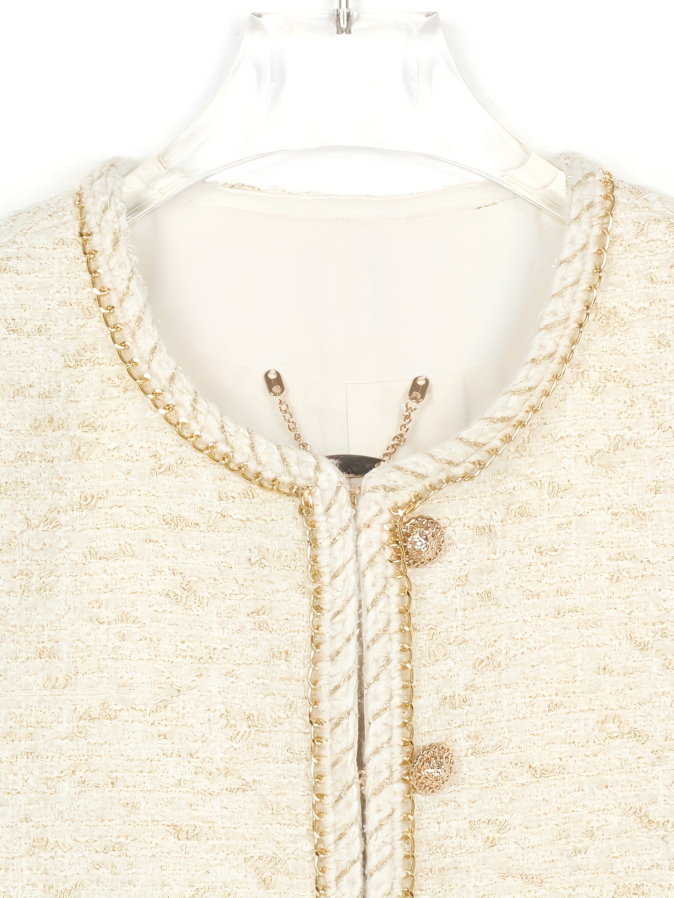 Heavy Industry Three-dimensional Golden Chain Round Neck Jacket Milk White Lady Short Top Fashionable Versatile Jacket 25189