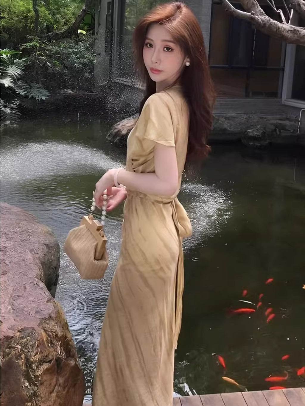 Elegant French-Inspired V-Neck Maxi Dress with Tie-Back Detail - Chic Beige Ruched Waist, Short Sleeves, Perfect for Summer 2025, Casual to Formal Wear, Casual Summer Dress | Tieback Detail Dress | Ruched Waist Design