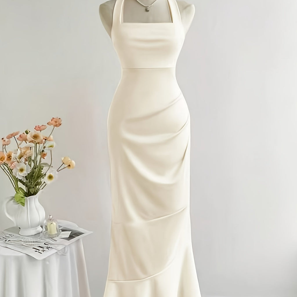 Women's Elegant Halter Neck Mermaid Dress with Ruched Waist & Back Tie Detail - Solid Color Fitted Silhouette, Medium Stretch, Machine Washable for Spring Summer Fall, Cocktail Attire, Stretchy Fabric, Trendy Outfit
