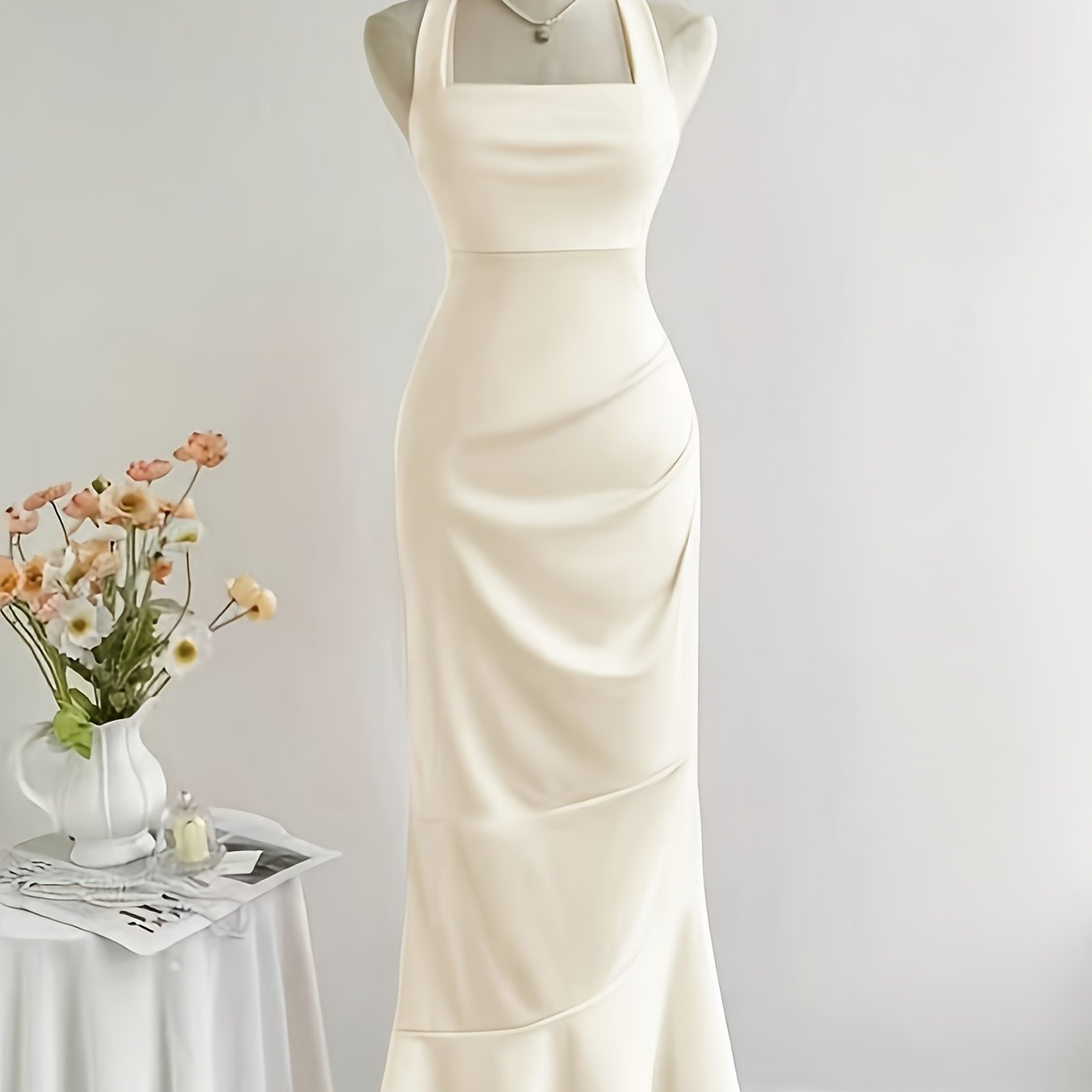 Women's Elegant Halter Neck Mermaid Dress with Ruched Waist & Back Tie Detail - Solid Color Fitted Silhouette, Medium Stretch, Machine Washable for Spring Summer Fall, Cocktail Attire, Stretchy Fabric, Trendy Outfit