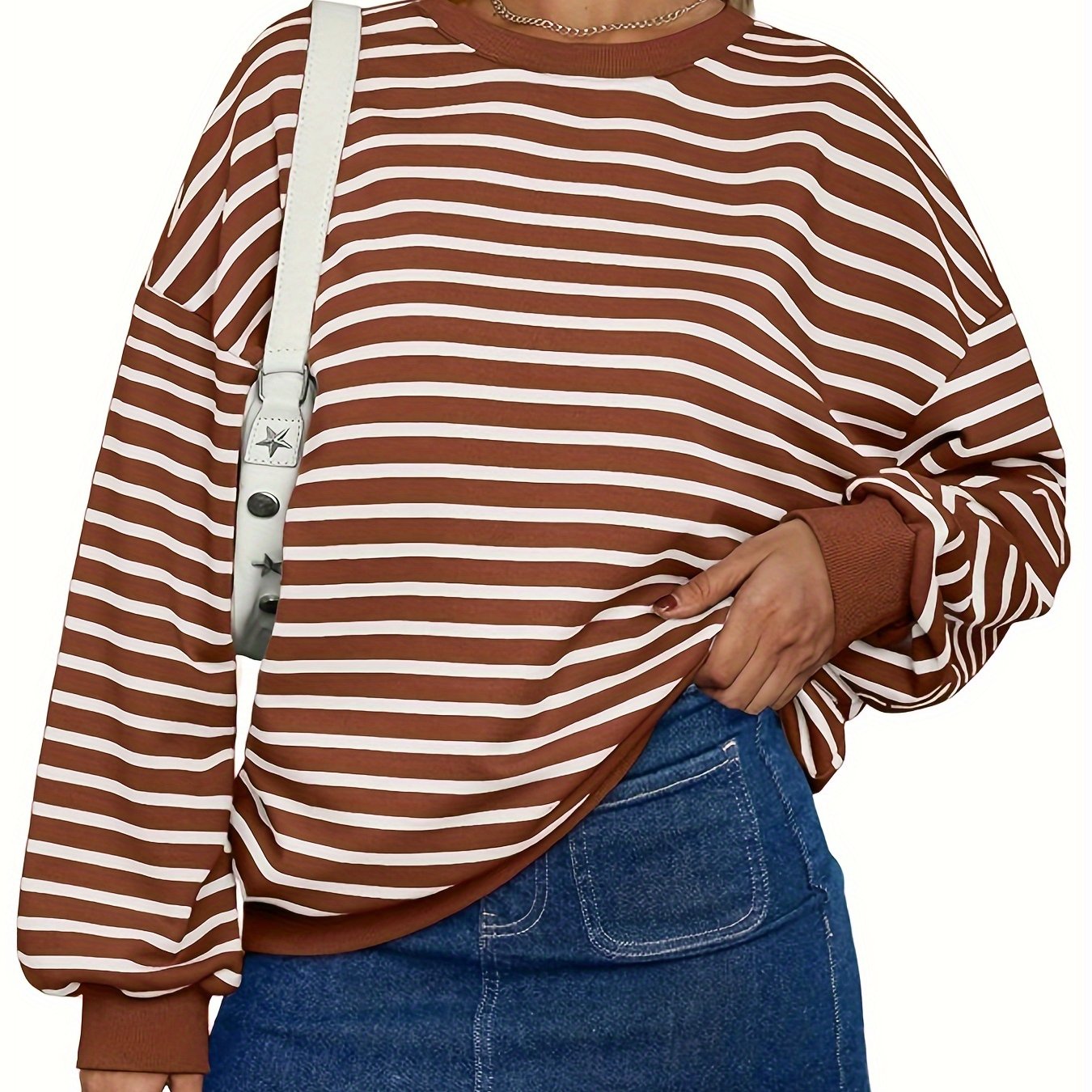 Casual Pullover Top for Women Featuring a Striped Oversized Design, Long Sleeves, And a Crewneck Hoodie, Inspired by Y2K Fashion.