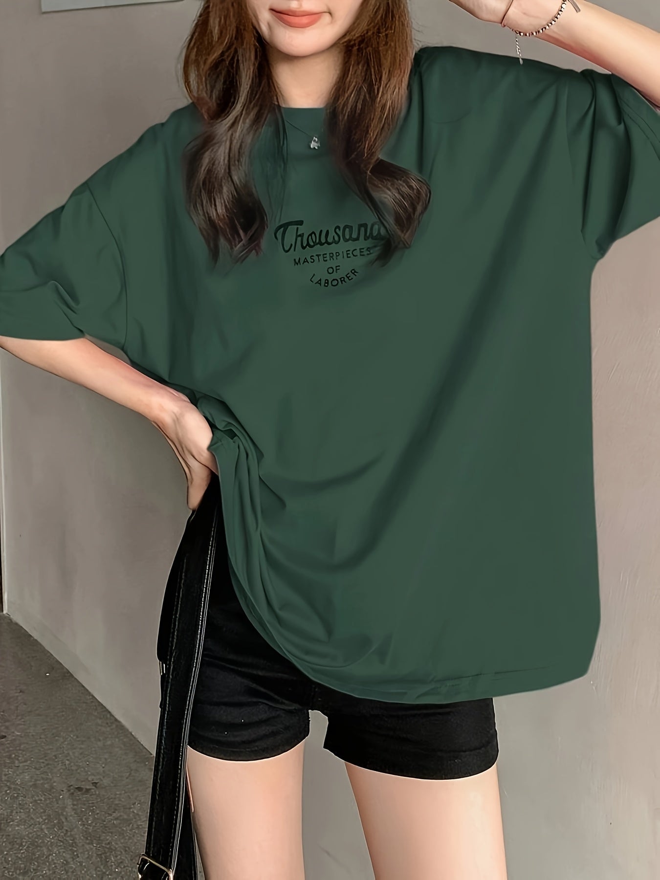 Plus Size - Women'S Casual Oversized T-Shirt - Short Sleeve, Round Neck, Stretchy Polyester Blend, Loose Fit, Green with \