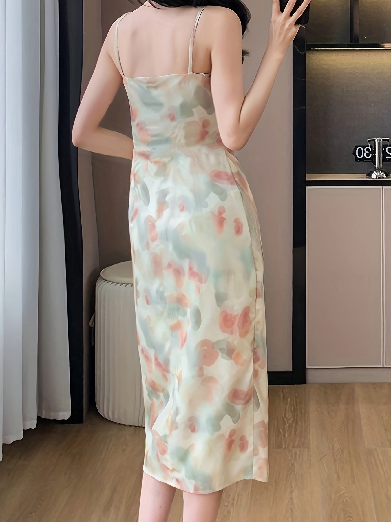 New Summer Style V-Neck Satin Printed Mid-Length Slip Dress for Women, Featuring a Slim Fit And Made of for a Sexy Look.