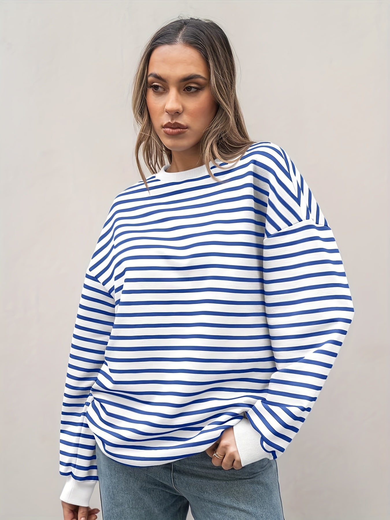 Casual Pullover Top for Women Featuring a Striped Oversized Design, Long Sleeves, And a Crewneck Hoodie, Inspired by Y2K Fashion.