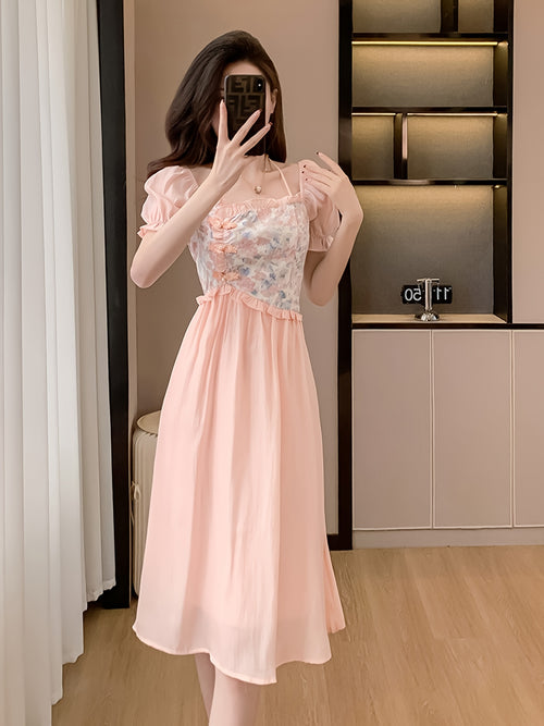 Elegant Floral Dress Elegant Floral Women's Party Dress | Pastel Pink Floral Print, Flared Mid-Length Formal & Casual Outfit for Bridesmaids, Garden Parties, Wedding Guest - Chic Ruffled Sleeves Dress