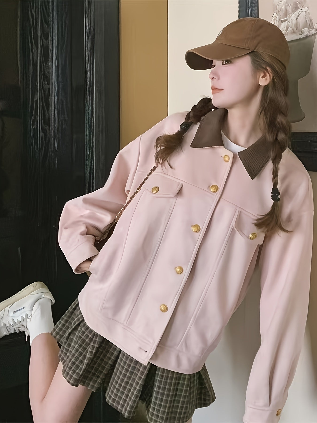Pink Women's Casual Cargo Jacket - Loose Fit, Button-Up with Collar, Long Sleeve Outerwear for Spring & Fall, Retro Style, Polyester Material, Spring Jacket | Preppy Look | Golden Button Details