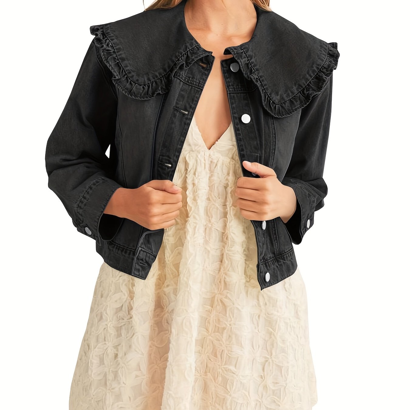 Casual Denim Jacket Denim Women's Casual Loose Fit Jean Jacket with Pockets and Peter Pan Collar