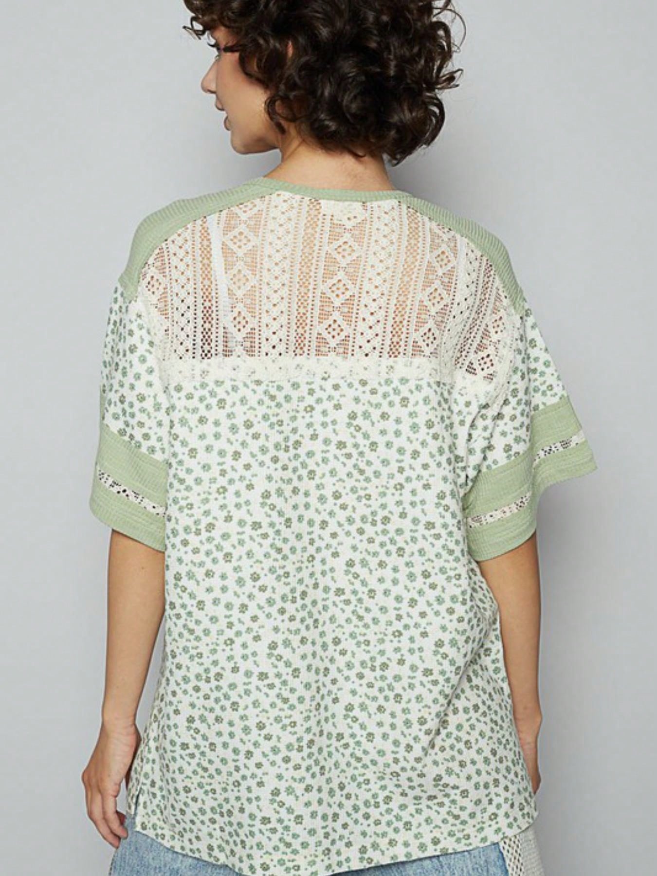 Womens Casual Vintage Athletic Chic Lace Trim Number Print Henley Top Sage Green Floral Short Sleeve Crew Neck Lightweight Breathable Spring Summer Daily Wear Loose Fit Streetwear